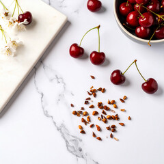 Close-up of Korean cherry seeds and cherries on marble