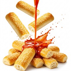 Appetizing breadsticks with sesame, drizzled with bright tomato sauce