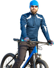 Cyclist in shorts and jersey on a modern carbon hardtail bike with an air suspension fork standing...