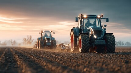 Two Tractors Cultivating a Field at Sunrise