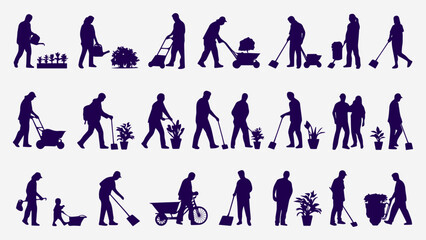 Gardeners Working Silhouettes Vector Set – People in Gardening Activities with Tools and Outdoor Hobby Icons