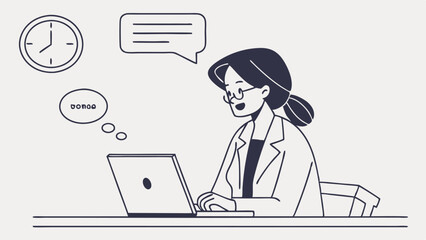 Woman with glasses working on a laptop with clock and speech bubbles in a minimalist line drawing style