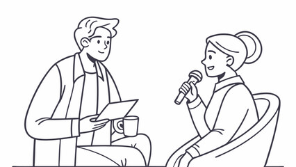 Illustration of a man interviewing a woman with a microphone while holding a tablet and a cup of coffee