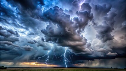 Stormy atmosphere with dark grey clouds and scattered blue sky patches