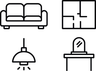 Minimalist icons: sofa, floor plan, pendant lamp, vanity table for home design