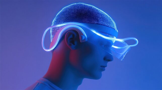 Closeup of a hightech headgear embedded with sensors capturing ambient ultraviolet light and converting it into auditory signals allowing the wearer to hear visual elements in their