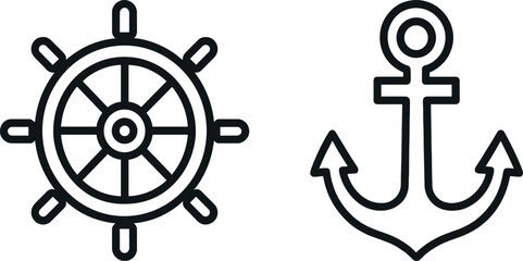 Fototapeta premium Nautical symbols: ship wheel and anchor icon in black and white design