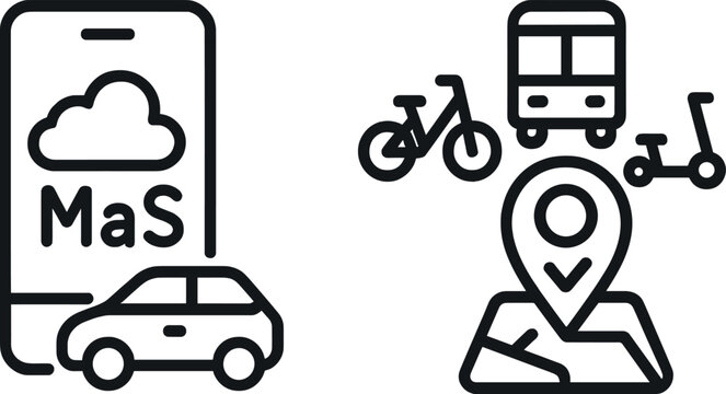 Mobility as a service icons: car, bike, bus, scooter, map, smartphone app