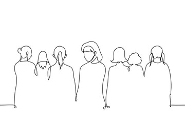 woman turned around there are women standing behind her she looks straight at camera, portrait without face - one line art vector. concept one person notices among crowd