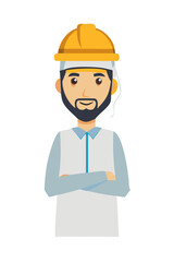 Man in helmet with beard crossing arms on white background