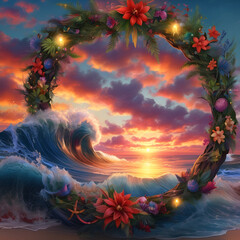 Hawaiian Christmas Wreath and spectacular Ocean Sunset combined oil painting. 5.6MB, JPEG, 3600x3600 dim px, 12x12 in, 300 p/i. 