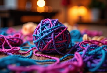 Colorful yarn ball surrounded by tangled threads on a wooden surface