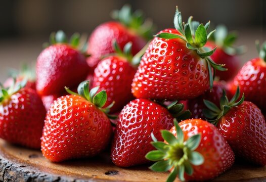Fresh ripe strawberries with green leaves on a rustic wooden surface