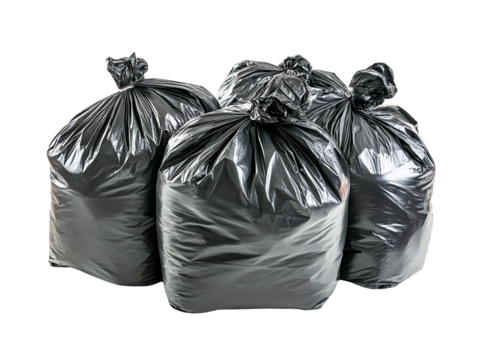 Four full black garbage bags tied, studio shot, transparent background