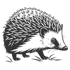 Black silhouette shows a hedgehog walking through grass patches on a white background