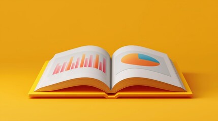 3d rendering of an open book with an orange background. the book is lying on its side on a yellow surface. the pages of the book are white and the pages are divided into two sections.