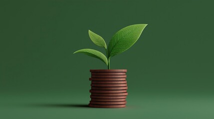 Small plant growing out of a stack of coins. the coins are arranged in a cylindrical shape and are of different shades of brown. the plant has two green leaves that are slightly curled at the tips.