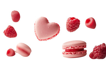 Fototapeta premium Pink macarons and raspberries falling on transparent background, food photography, sweet dessert, delicious treat, romantic mood, Valentine's Day, levitation, confectionery, bakery, pastry,
