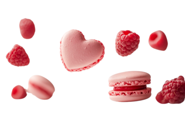 Pink macarons and raspberries falling on transparent background, food photography, sweet dessert, delicious treat, romantic mood, Valentine's Day, levitation, confectionery, bakery, pastry,