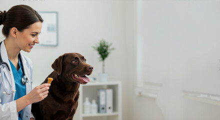 Smiling female veterinarian with brown dog in modern clinic holding treat reward. Pet healthcare services and animal wellness. Veterinary practice promotion