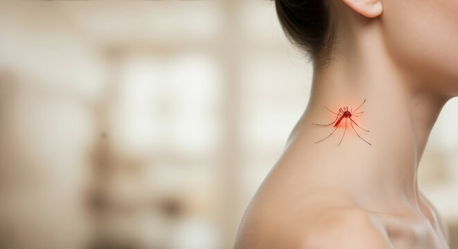Red mosquito on a woman's neck, concept of insect borne disease, rash, an allergic reaction or bug bite