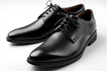 Elegant black leather formal dress shoes with laces on white background