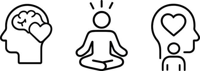 Mindfulness icons: brain heart, meditation, and compassionate thinking