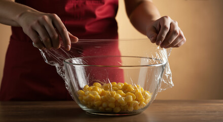 Hands covering glass bowl with plastic wrap containing yellow corn kernels for food storage. Kitchen organization and meal prep services
