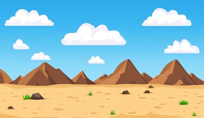 Pixel Art Desert Landscape With Mountains Under Cloudy Sky