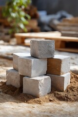 Stack of concrete blocks on sand in outdoor construction site