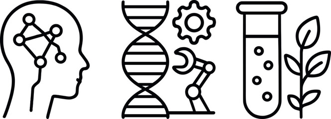 Naklejka premium Biotechnology symbols: dna, robotics, test tube, human head, plant