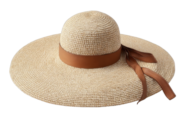 Beige straw sun hat with brown ribbon