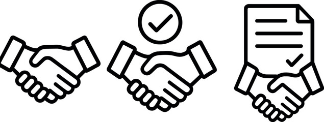 Handshake icons and document with checkmark symbolizing agreement and confirmation