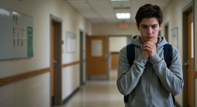 Worried teenage boy in gray hoodie standing in school hallway looking anxious and concerned. Student mental health awareness. Educational counseling services