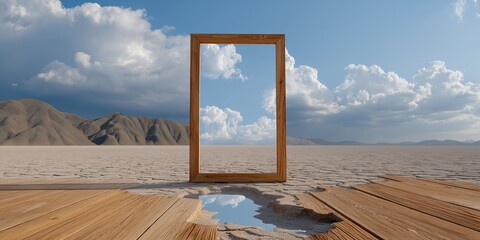 Surreal landscape with wooden frame and reflective pool in arid desert under blue sky