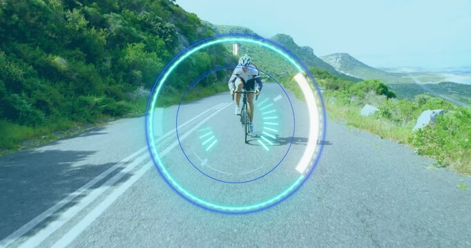 female cyclist entering mountain road and activating HUD tech tracking data for speed optimization