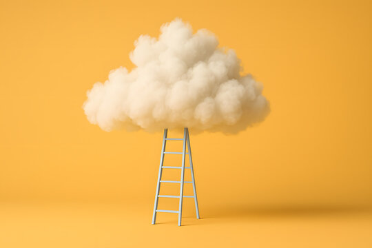 Ladder Reaching a Cloud Against a Yellow Background, a Symbolic and Creative Concept of Aspiration and Dreams