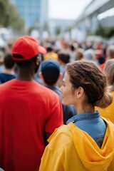 Crowd scene with female caucasian adult and male african adult outdoors in urban setting