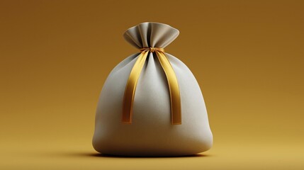 3d rendering of a small, round, beige-colored bag with a golden ribbon tied in a bow on top. the bag appears to be made of a soft, textured material, possibly fabric or a similar material.