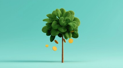 3d rendering of a small tree with green leaves. the tree has a thin trunk and is standing on a light blue background.
