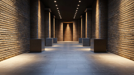 Modern interior of history museum featuring brick walls, illuminated columns, and display pedestals creates captivating