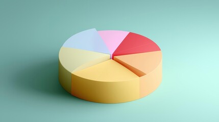 Obraz premium 3d pie chart on a light blue background. the pie chart is circular in shape and has six sections, each with a different color - pink, orange, yellow, and blue.