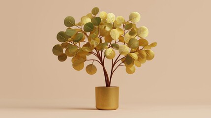 3d rendering of a potted plant. the plant is in a gold-colored pot and is placed on a plain beige background. the leaves of the plant are oval-shaped and have a glossy texture.