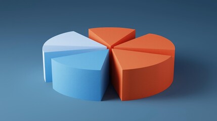 3d rendering of a pie chart. the pie chart is divided into four sections, each with a different color - blue, orange, and red.