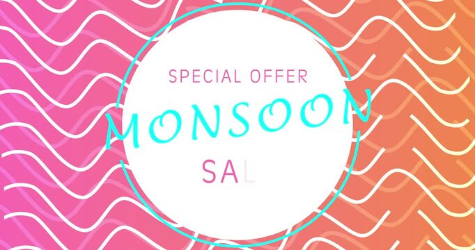 Monsoon big sale promotion banner with up to 50% off 4K advertisement clip. Creative marketing mega sale discount offer on rainy items. Seasons sale template with cartoon text.Promo token coupon card.