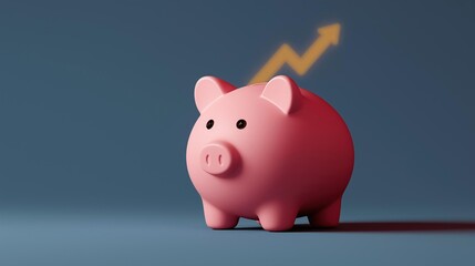 3d rendering of a pink piggy bank with a yellow arrow pointing upwards. the background is a solid blue color. the pig is standing on all fours and is facing towards the right side of the image.