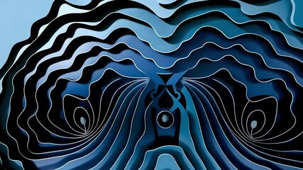 A slow cinematic zoom into a hypnotic, symmetrical blue shape with layered papercut-style contours, creating a modern abstract background - Powered by Adobe