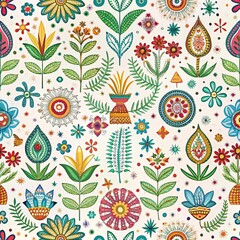 Vibrant floral pattern with stylized flowers, plants, and decorative elements