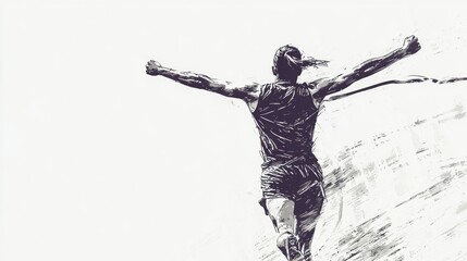 Runner crosses finish line with arms raised in celebration during a race near sunset at a competitive event