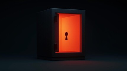 3d rendering of a small, square-shaped cabinet with a keyhole in the center. the cabinet is black and has a dark background. the door of the cabinet is open, revealing an orange-colored interior.